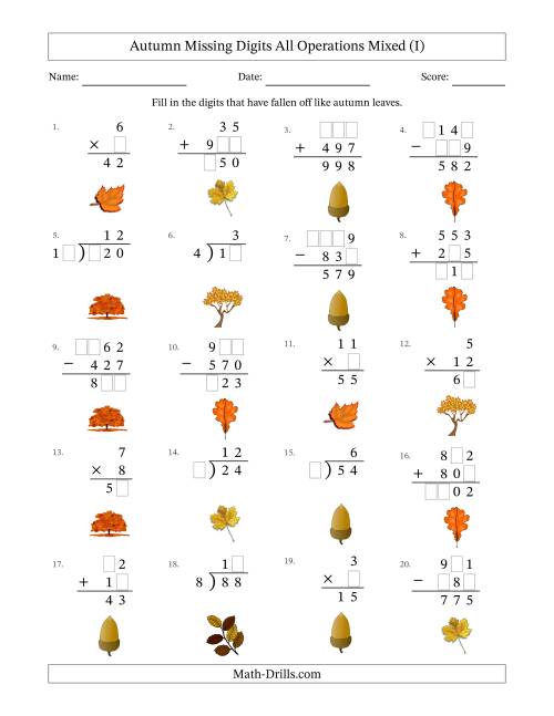 The Autumn Missing Digits All Operations Mixed (Easier Version) (I) Math Worksheet