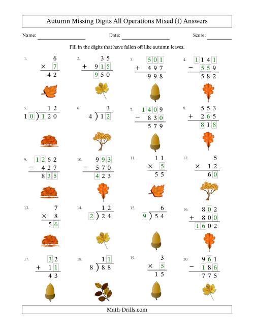 The Autumn Missing Digits All Operations Mixed (Easier Version) (I) Math Worksheet Page 2