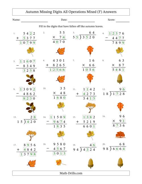 The Autumn Missing Digits All Operations Mixed (Harder Version) (F) Math Worksheet Page 2
