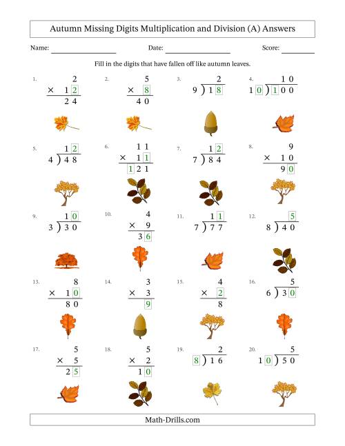 The Autumn Missing Digits Multiplication and Division (Easier Version) (A) Math Worksheet Page 2
