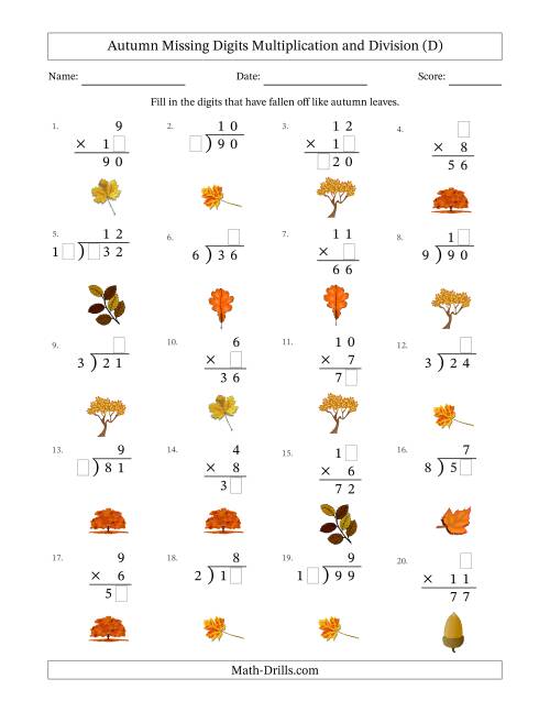 The Autumn Missing Digits Multiplication and Division (Easier Version) (D) Math Worksheet