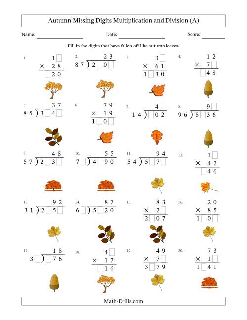 The Autumn Missing Digits Multiplication and Division (Harder Version) (A) Math Worksheet