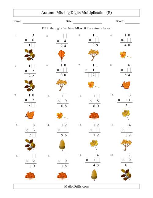 The Autumn Missing Digits Multiplication (Easier Version) (B) Math Worksheet