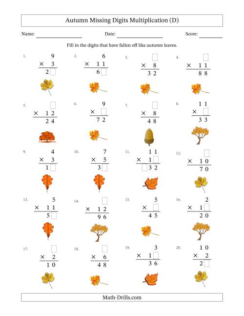 The Autumn Missing Digits Multiplication (Easier Version) (D) Math Worksheet