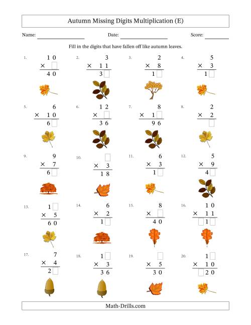 The Autumn Missing Digits Multiplication (Easier Version) (E) Math Worksheet
