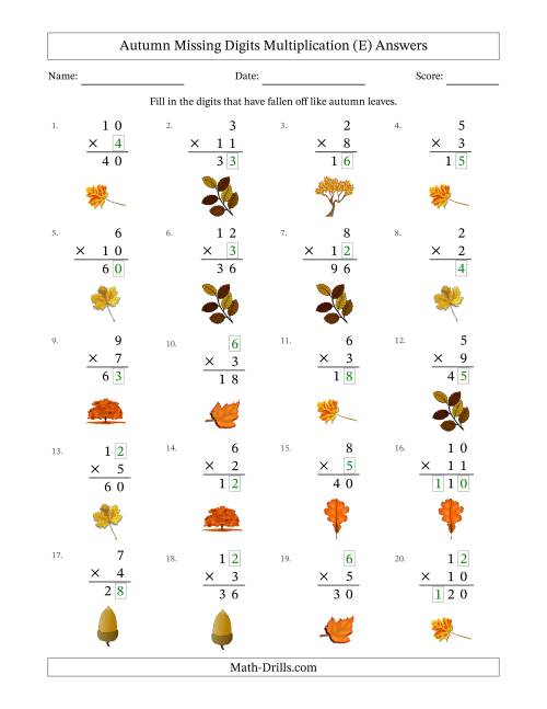 The Autumn Missing Digits Multiplication (Easier Version) (E) Math Worksheet Page 2