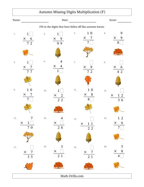The Autumn Missing Digits Multiplication (Easier Version) (F) Math Worksheet