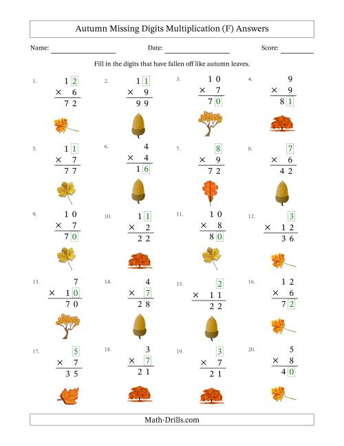 The Autumn Missing Digits Multiplication (Easier Version) (F) Math Worksheet Page 2