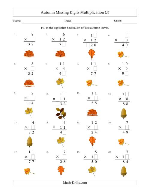 The Autumn Missing Digits Multiplication (Easier Version) (J) Math Worksheet
