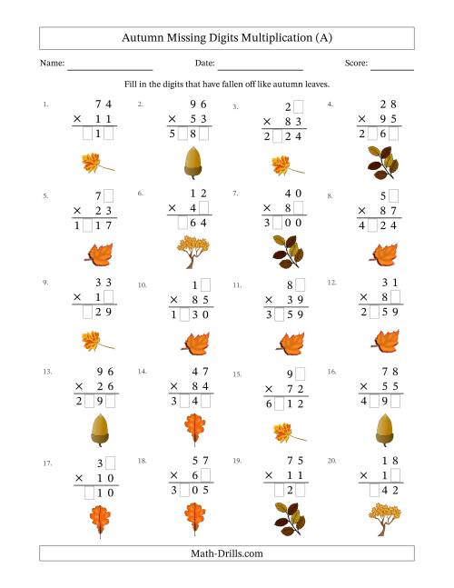 The Autumn Missing Digits Multiplication (Harder Version) (A) Math Worksheet