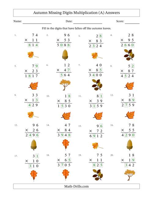 The Autumn Missing Digits Multiplication (Harder Version) (A) Math Worksheet Page 2