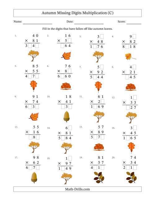 The Autumn Missing Digits Multiplication (Harder Version) (C) Math Worksheet