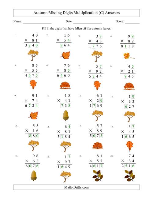 The Autumn Missing Digits Multiplication (Harder Version) (C) Math Worksheet Page 2