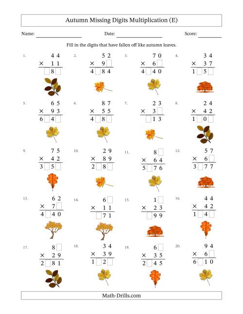 The Autumn Missing Digits Multiplication (Harder Version) (E) Math Worksheet