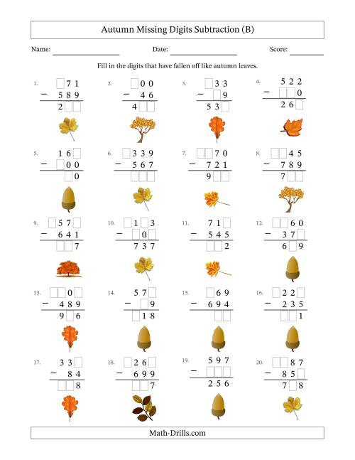 The Autumn Missing Digits Subtraction (Easier Version) (B) Math Worksheet