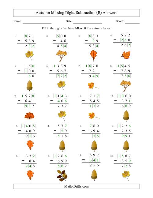 The Autumn Missing Digits Subtraction (Easier Version) (B) Math Worksheet Page 2