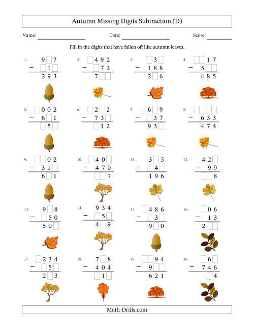 The Autumn Missing Digits Subtraction (Easier Version) (D) Math Worksheet