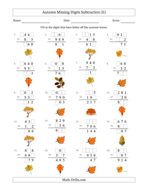 The Autumn Missing Digits Subtraction (Easier Version) (E) Math Worksheet