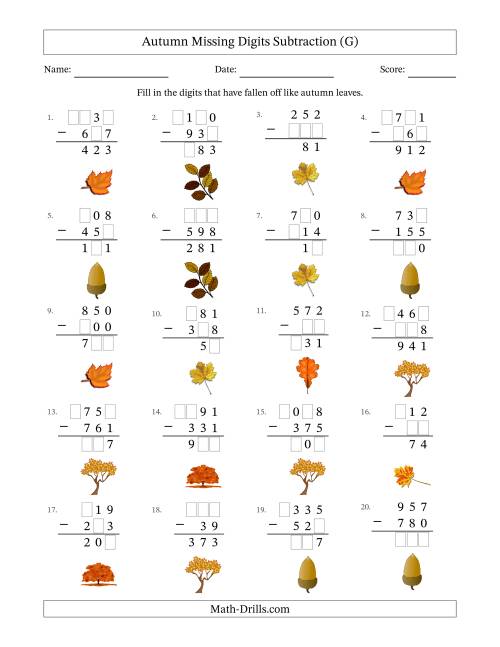 The Autumn Missing Digits Subtraction (Easier Version) (G) Math Worksheet