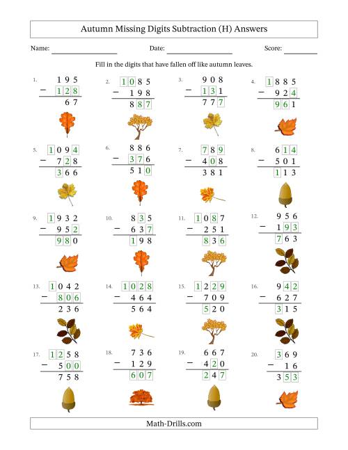 The Autumn Missing Digits Subtraction (Easier Version) (H) Math Worksheet Page 2