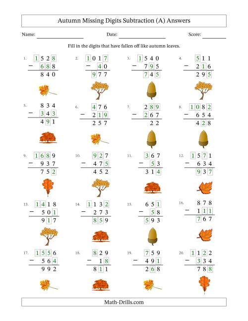 The Autumn Missing Digits Subtraction (Easier Version) (All) Math Worksheet Page 2