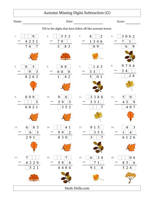 The Autumn Missing Digits Subtraction (Harder Version) (G) Math Worksheet