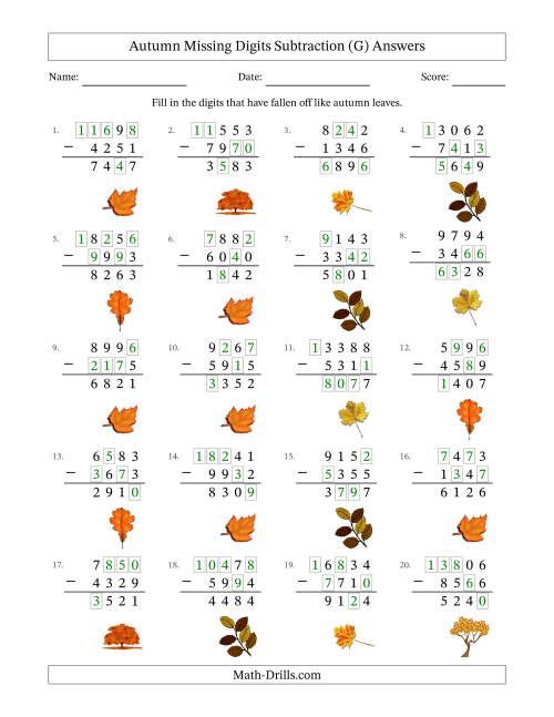 The Autumn Missing Digits Subtraction (Harder Version) (G) Math Worksheet Page 2