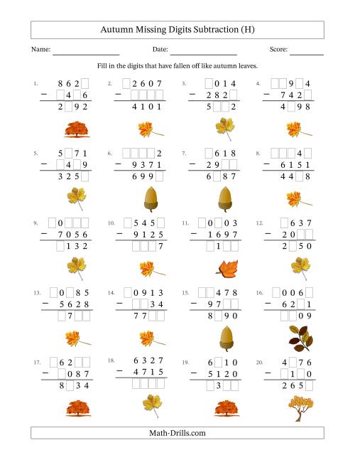 The Autumn Missing Digits Subtraction (Harder Version) (H) Math Worksheet
