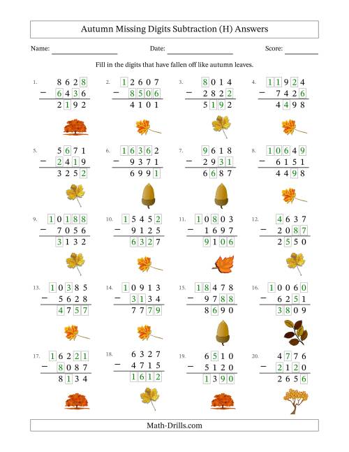 The Autumn Missing Digits Subtraction (Harder Version) (H) Math Worksheet Page 2