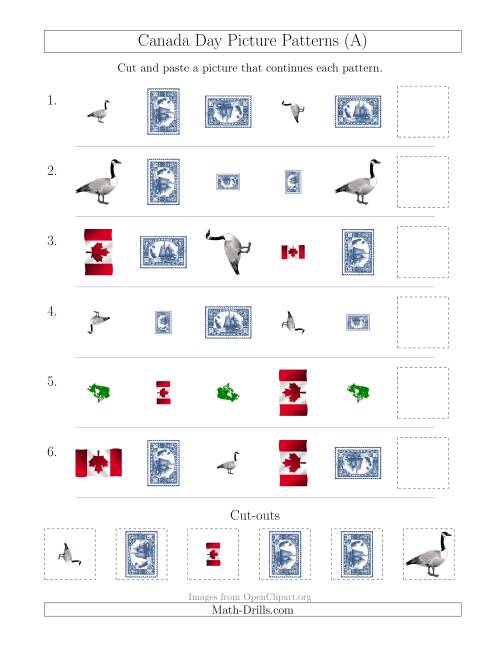 The Canada Day Picture Patterns with Shape, Size and Rotation Attributes (All) Math Worksheet