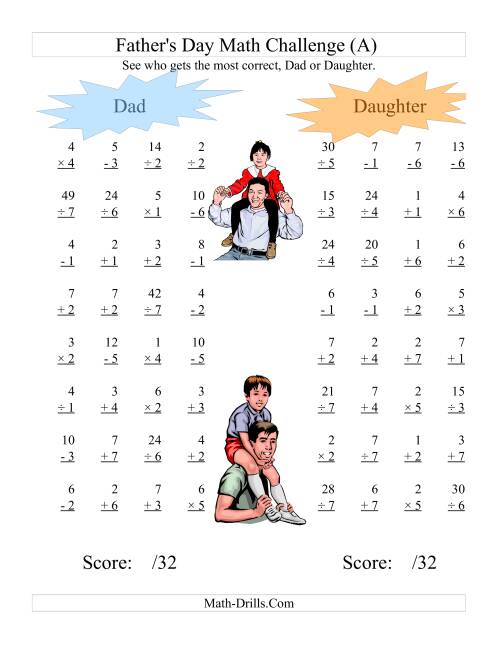 The Father's Day Dad and Daughter Challenge -- All Operations Range 1 to 7 (A) Math Worksheet