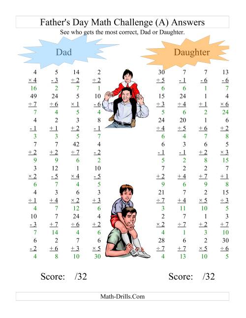 The Father's Day Dad and Daughter Challenge -- All Operations Range 1 to 7 (A) Math Worksheet Page 2