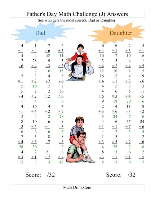 The Father's Day Dad and Daughter Challenge -- All Operations Range 1 to 7 (J) Math Worksheet Page 2