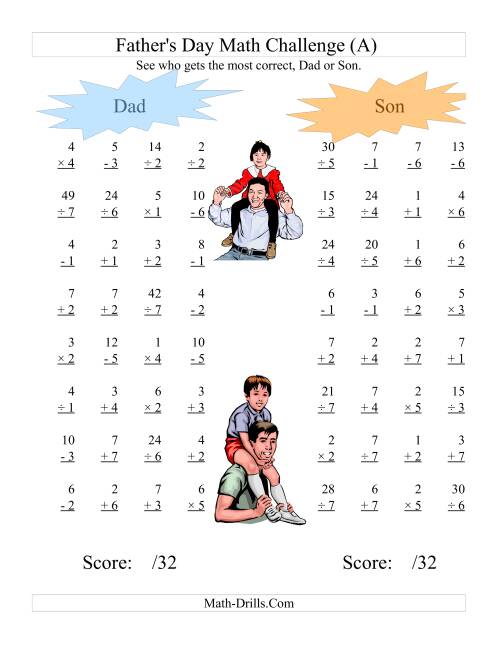 The Father's Day Dad and Son Challenge -- All Operations Range 1 to 7 (A) Math Worksheet