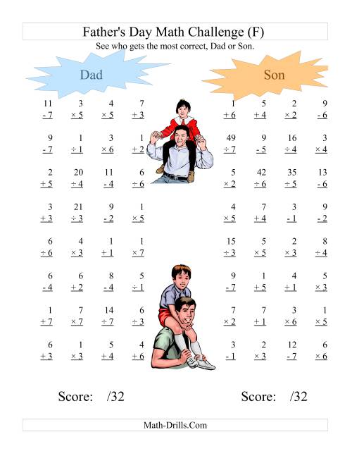 The Father's Day Dad and Son Challenge -- All Operations Range 1 to 7 (F) Math Worksheet