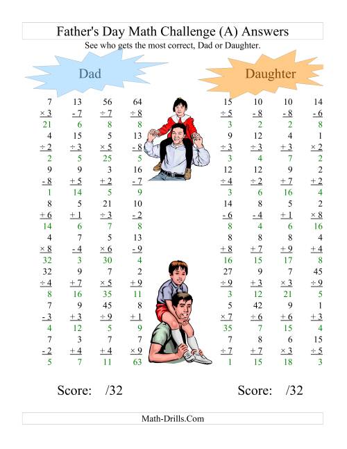 The Father's Day Dad and Daughter Challenge -- All Operations Range 1 to 9 (A) Math Worksheet Page 2