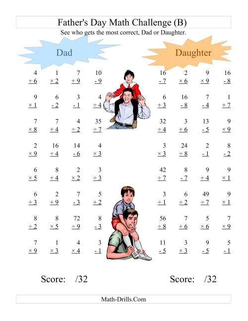 The Father's Day Dad and Daughter Challenge -- All Operations Range 1 to 9 (B) Math Worksheet
