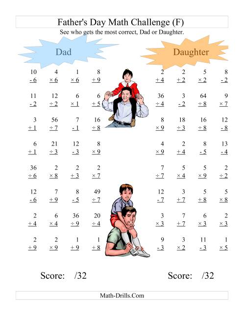 The Father's Day Dad and Daughter Challenge -- All Operations Range 1 to 9 (F) Math Worksheet