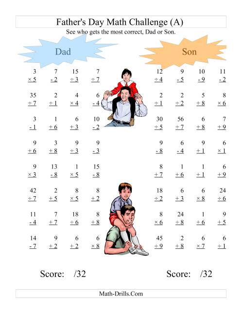 The Father's Day Dad and Son Challenge -- All Operations Range 1 to 9 (A) Math Worksheet