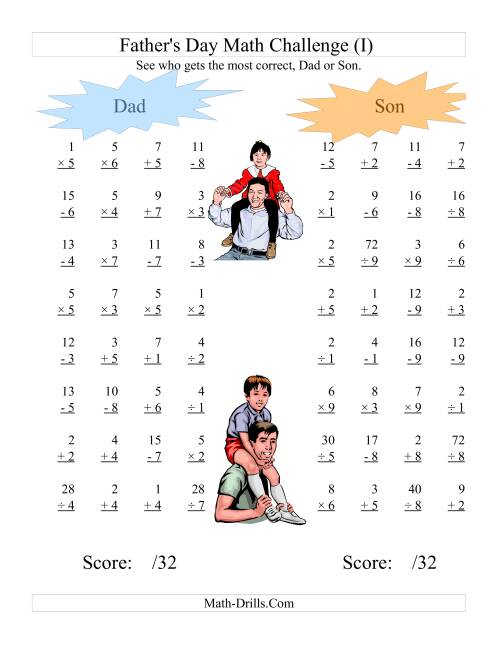 The Father's Day Dad and Son Challenge -- All Operations Range 1 to 9 (I) Math Worksheet