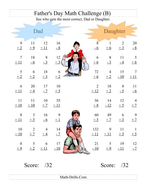 The Father's Day Dad and Daughter Challenge -- All Operations Range 1 to 12 (B) Math Worksheet