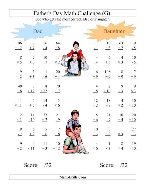 The Father's Day Dad and Daughter Challenge -- All Operations Range 1 to 12 (G) Math Worksheet