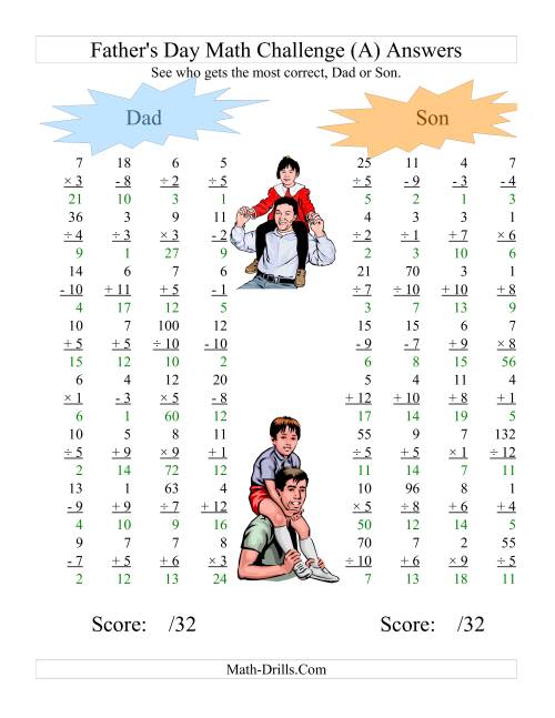 The Father's Day Dad and Son Challenge -- All Operations Range 1 to 12 (A) Math Worksheet Page 2