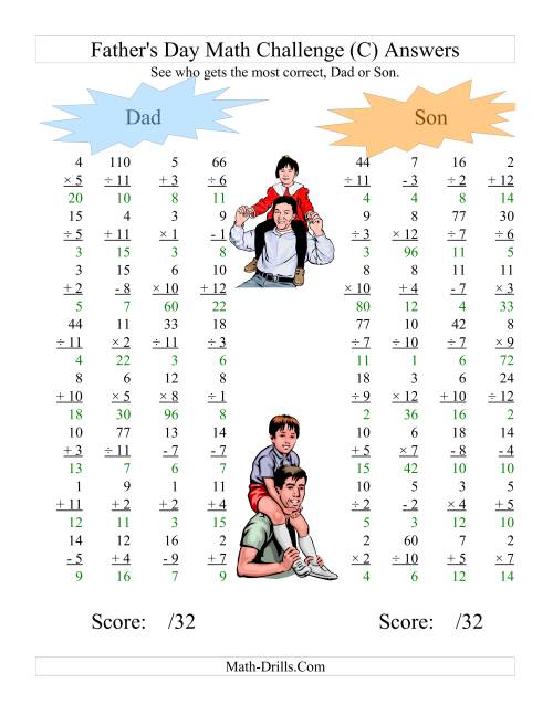 The Father's Day Dad and Son Challenge -- All Operations Range 1 to 12 (C) Math Worksheet Page 2