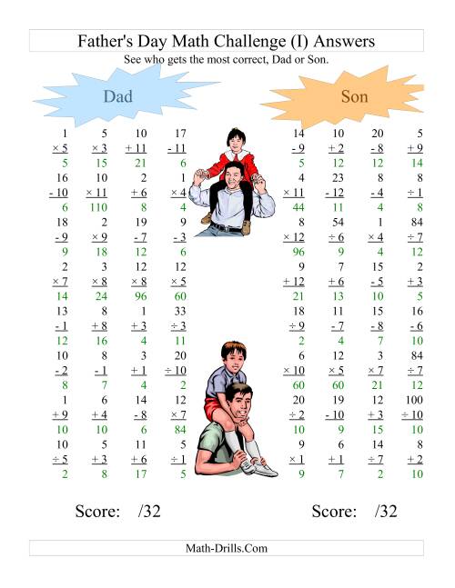 The Father's Day Dad and Son Challenge -- All Operations Range 1 to 12 (I) Math Worksheet Page 2