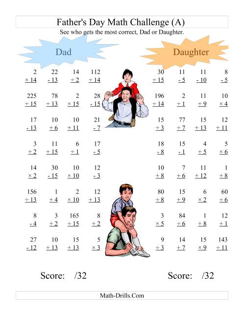 The Father's Day Dad and Daughter Challenge -- All Operations Range 1 to 15 (A) Math Worksheet