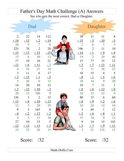 The Father's Day Dad and Daughter Challenge -- All Operations Range 1 to 15 (A) Math Worksheet Page 2