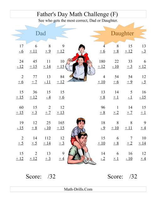 The Father's Day Dad and Daughter Challenge -- All Operations Range 1 to 15 (F) Math Worksheet