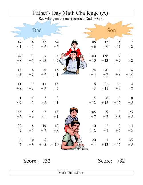 The Father's Day Dad and Son Challenge -- All Operations Range 1 to 15 (All) Math Worksheet