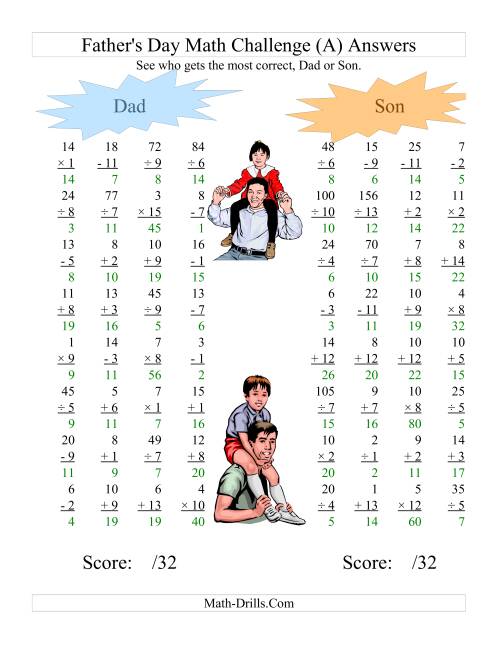 The Father's Day Dad and Son Challenge -- All Operations Range 1 to 15 (All) Math Worksheet Page 2